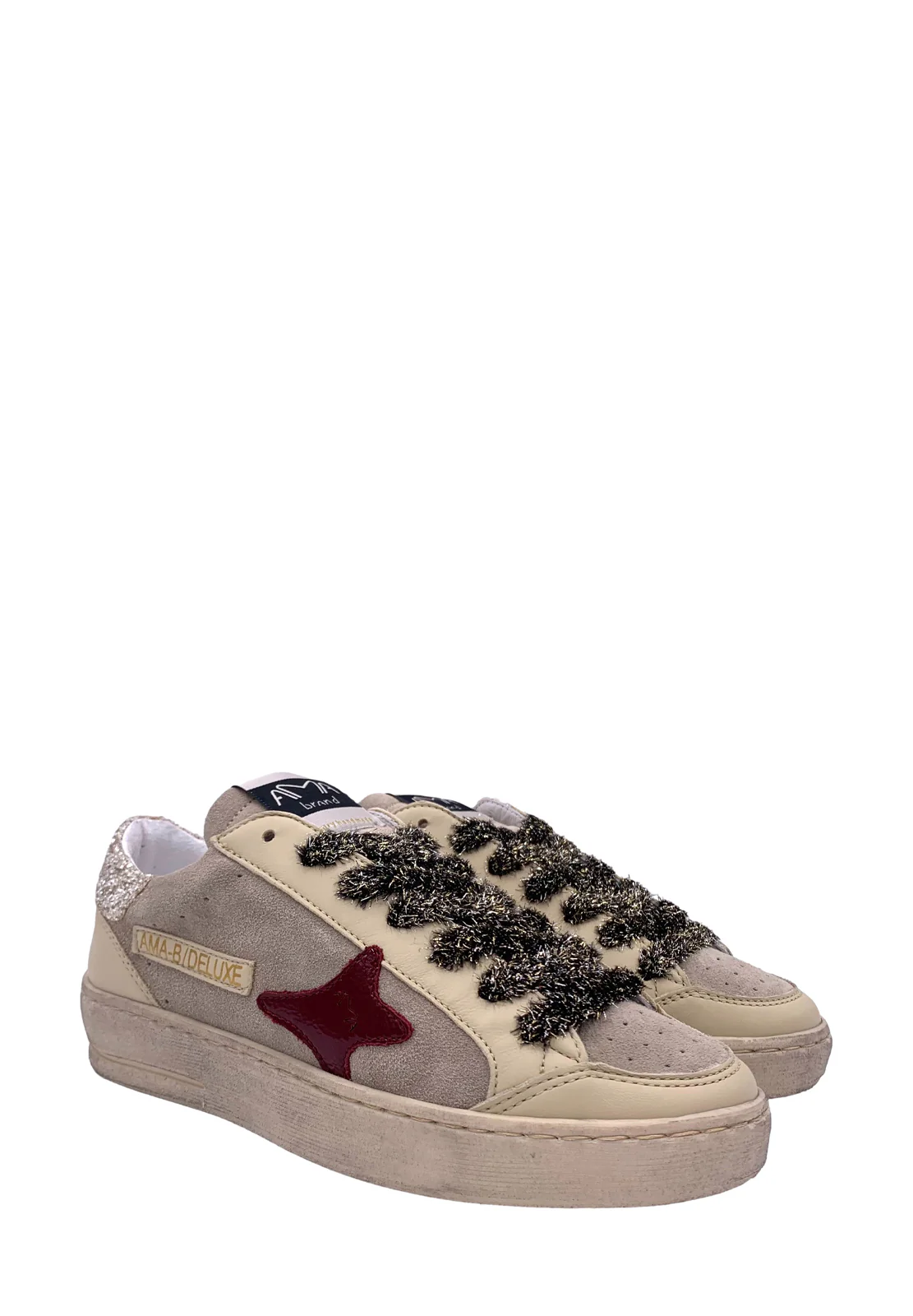 AMA BRAND sneakers donna beige e grigie effetto vintage in pelle artigianali - immagine 4