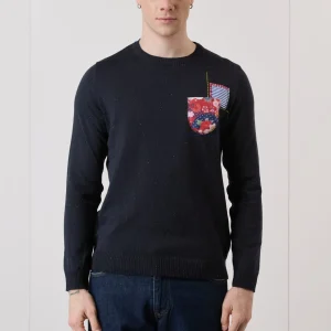 Maglioncino Bottonato Blu con Taschino ricamato in tessuto V2