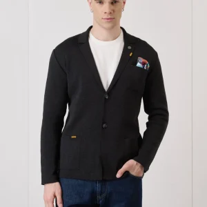 Giacca Monopetto Punto Stoffa Nera con Ricami e pochette in tessuto V2