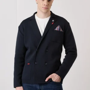 Giacca Doppiopetto Punto Stoffa Blu con Ricami e pochette in tessuto V2