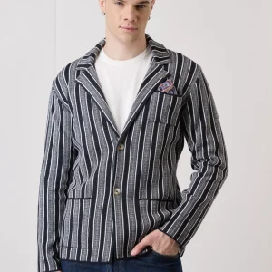 Giacca Monopetto Rigata Blu con pochette in tessuto V2