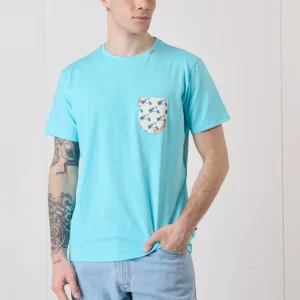 T-Shirt Azzurra con Taschino in tessuto V2 e ricami a contrasto