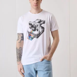 T-Shirt Bianca con Stampa Macchina Fotografica e inserto in tessuto V2