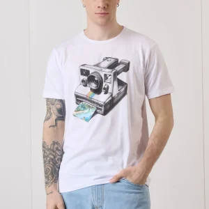 T-Shirt Bianca con Stampa Macchina Fotografica e inserto in tessuto V2