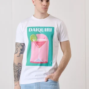 T-Shirt Bianca con Stampa Drink e interno collo in tessuto V2