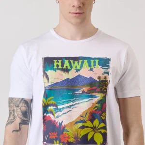 T-Shirt Bianca con Stampa Hawaii e interno collo in tessuto V2