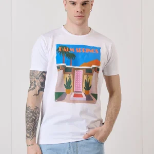 T-Shirt Bianca con Stampa Palm Springs e interno collo in tessuto V2