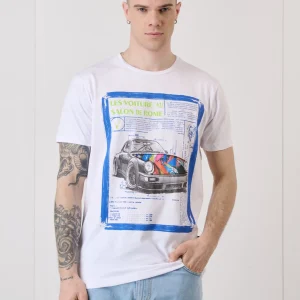 T-Shirt Bianca con Stampa Motori Vintage e inserto in tessuto V2