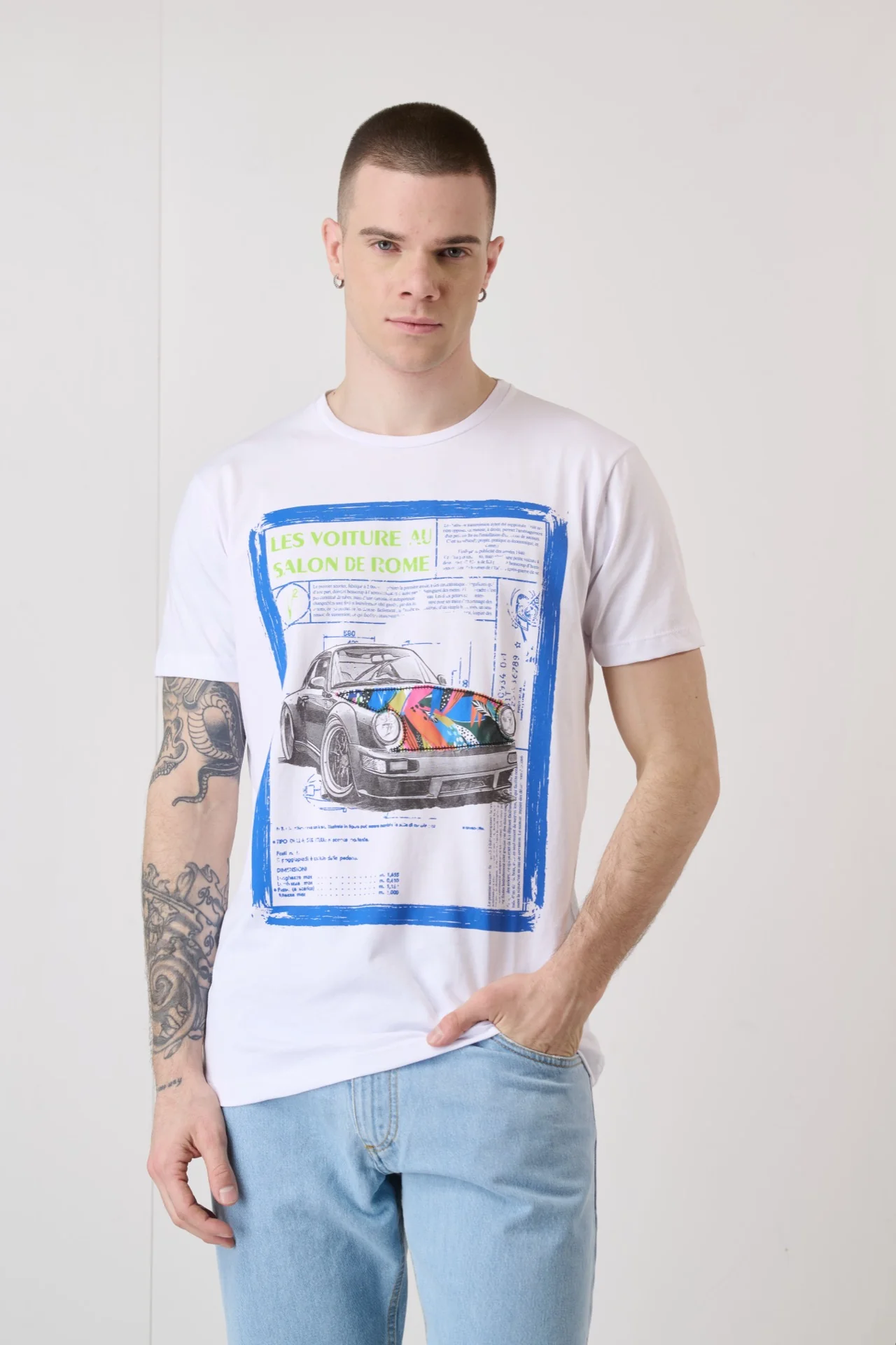 T-Shirt Bianca con Stampa Motori Vintage e inserto in tessuto V2 - immagine 3