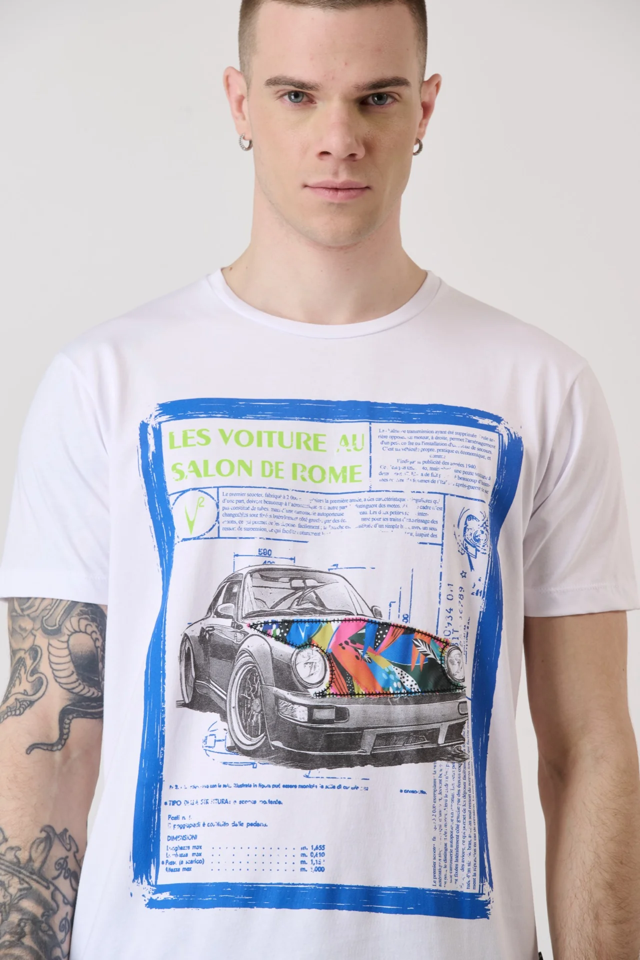 T-Shirt Bianca con Stampa Motori Vintage e inserto in tessuto V2 - immagine 4