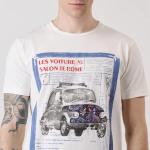 T-Shirt Bianca con Stampa Motori Vintage e inserto in tessuto V2