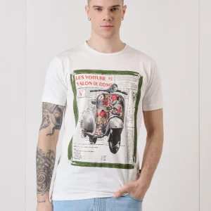 T-Shirt Bianca con Stampa Motori Vintage e inserto in tessuto V2