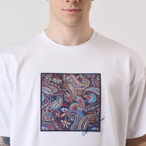 T-Shirt Bianca con inserto quadrato ricamato in tessuto V2