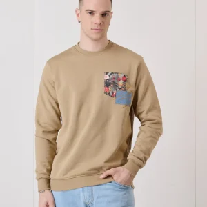 Felpa Girocollo Sabbia con Taschino e Patch ricamato in tessuto V2