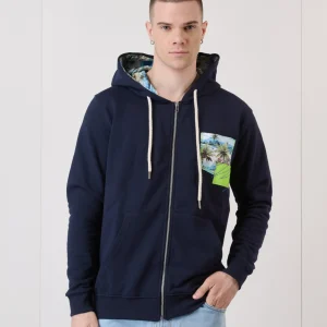 Felpa Zip Blu con Taschino Patch e interno cappuccio in tessuto V2