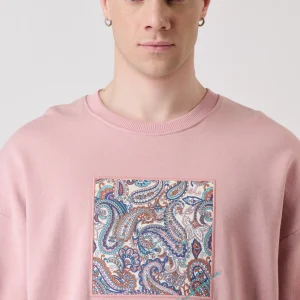 Felpa Girocollo Rosa Cipria con inserto quadrato ricamato in tessuto V2