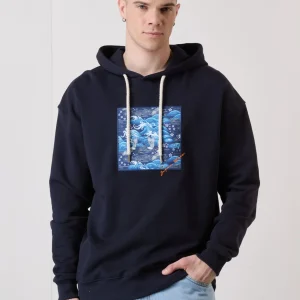 Felpa Cappuccio Blu con inserto quadrato ricamato in tessuto V2