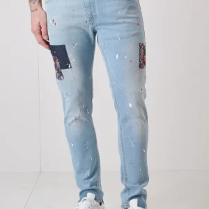 TOKYO - Jeans Slim Fit - Azzurro Chiaro con tripla patch frontale in tessuto V2 e schizzi di vernice
