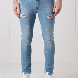 LONDON - Jeans Slim Fit - Azzurro con doppia Patch frontale e tasca in tessuto V2 e schizzi di vernice