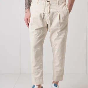 LISBONA - Chino in cotone elasticizzato Panna con pence, laccetti frontali e salpa in tessuto V2