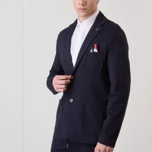 Giacca Monopetto Sartoriale Blu con interni e pochette in tessuto V2