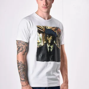 T-Shirt Panna con stampa Dobermann e ricamo in tessuto V2