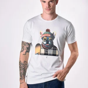 T-Shirt Panna con stampa Bulldog e ricamo in tessuto V2