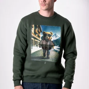 Felpa Girocollo Verde Militare con stampa Teddy e ricamo in tessuto V2