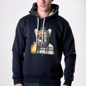 Felpa Cappuccio Blu con stampa Bulldog e ricamo in tessuto V2