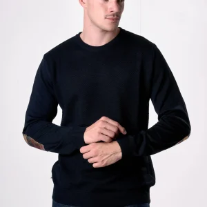 Maglione in lana merino Girocollo punto riso Blu con toppe in tessuto V2