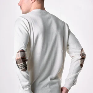 Maglione in lana merino Girocollo punto riso Panna con toppe in tessuto V2