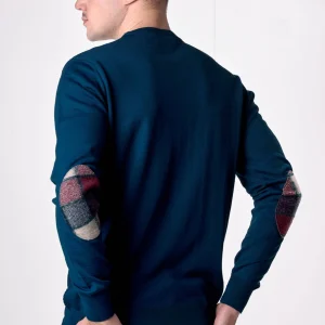 Maglione in lana merino Girocollo punto riso Ottanio con toppe in tessuto V2