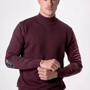 Dolcevita in lana merino punto riso Bordeaux con toppe in tessuto V2