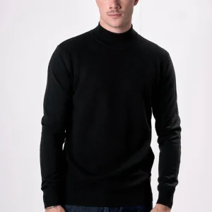 Dolcevita in lana merino punto riso Nero con toppe in tessuto V2