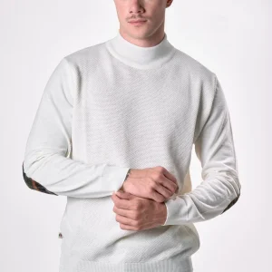 Dolcevita in lana merino punto riso Panna con toppe in tessuto V2