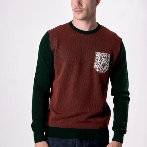 Maglione in lana merino Girocollo punto riso Bicolor Verde con taschino in tessuto V2