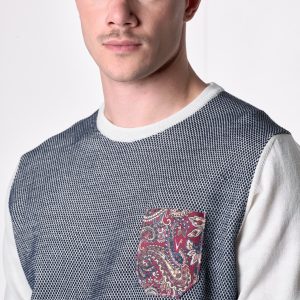 Maglione in lana merino Girocollo punto riso Bicolor Panna con taschino in tessuto V2