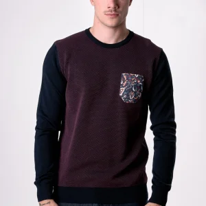 Maglione in lana merino Girocollo punto riso Bicolor Blu con taschino in tessuto V2