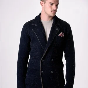 Giacca Doppiopetto in filato Soft Touch Blu con pochette in tessuto V2