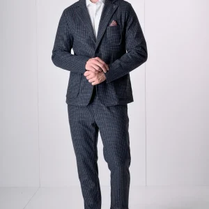 Giacca Monopetto Sartoriale Pied de Poule Blu e Bordeaux con interni e pochette in tessuto V2