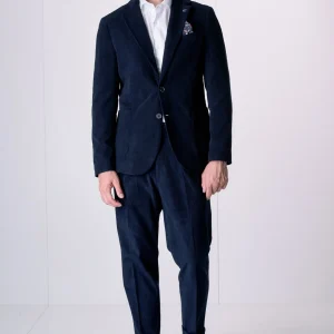 Giacca Monopetto Alta Sartoria in Velluto Blu con interni e pochette in tessuto V2