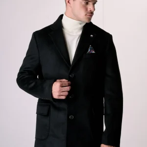 Cappotto Monopetto Sartoriale in lana Nero con pochette e fodera interna in Tessuto V2