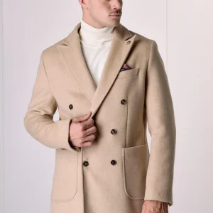 Cappotto Doppiopetto Sartoriale in lana Cammello con pochette e fodera interna in Tessuto V2