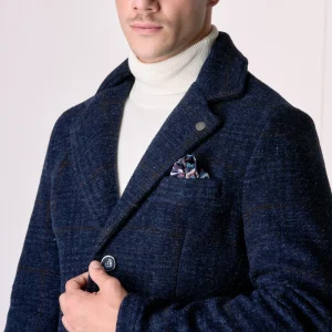 Cappotto Monopetto in lana cotta Principe di Galles Blu con fodera interna e pochette in tessuto V2