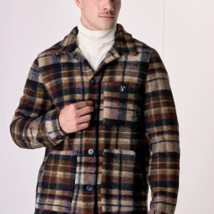 Sahariana in lana cotta Check Multicolor Blu con fodera interna in tessuto V2