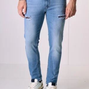 LONDON - Jeans Slim Fit - Azzurro con doppia Patch frontale e tasca in tessuto V2