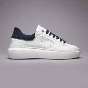 HAMMER - Sneakers a suola alta in pelle martellata con retro in tessuto Gessato Blu e lacci Blu