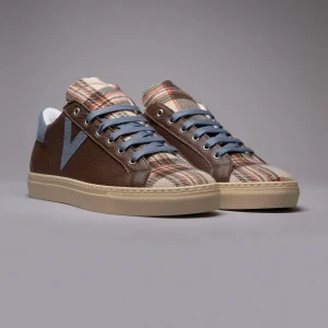 OLYMPIC - Sneakers a suola bassa in pelle martellata Moro con linguetta in tessuto Scozzese