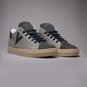 OLYMPIC - Sneakers a suola bassa in pelle martellata Grigia con linguetta in tessuto Pied de Poule