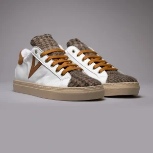 OLYMPIC - Sneakers a suola bassa in pelle Bianca con linguetta in tessuto Principe di Galles